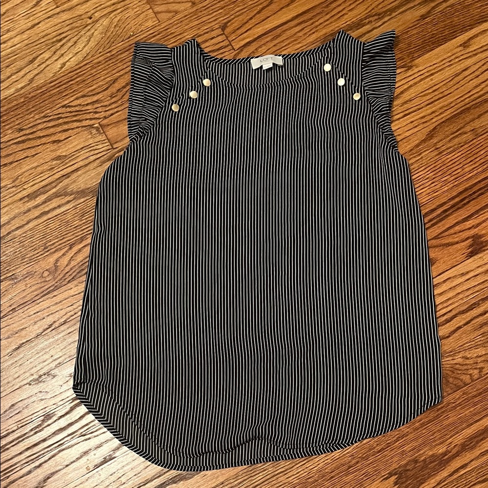 LOFT Black and White Striped Blouse with Button Detail